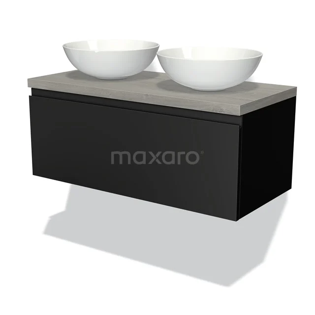 Badmöbel für Waschtischunterschrank mit Konsole 100cm Modulo Plato Matt Schwarz 1 Schublade Grifflos Graue Eiche Platte BMK11-00239 Schwarzes schwebendes Badmöbelset mit Betonplatte und zwei weißen Waschbecken; modernes Design für ein stilvolles Badezimmer.