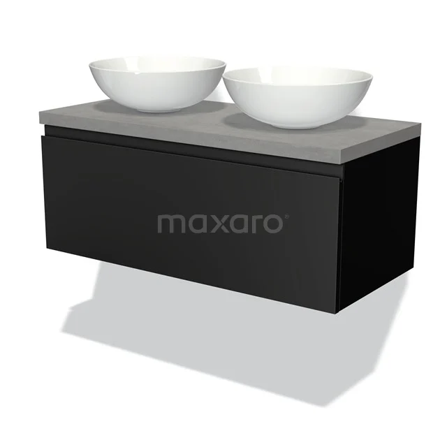 Schwarze Badmöbelset mit Betonplatte und zwei weißen runden Aufsatzwaschbecken, modernes Design für stilvolle Badezimmergestaltung.