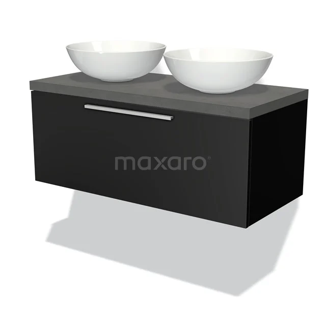 Schwarze Badmöbel mit zwei weißen runden Aufsatzwaschbecken, mattem grauen Oberblatt und schickem hängendem Design.