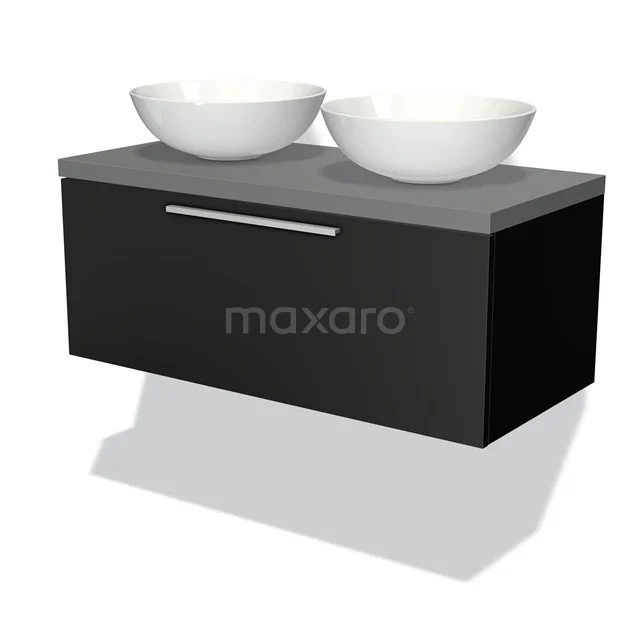 Modulo Plato Vanity units for countertop basin | 120 cm Matte black Flat front Mid grey worktop 1 drawer BMK11-00246 Black bathroom unit with grey worktop and two oval white countertop wash basins, modern design, ideal for stylish bathroom decor.