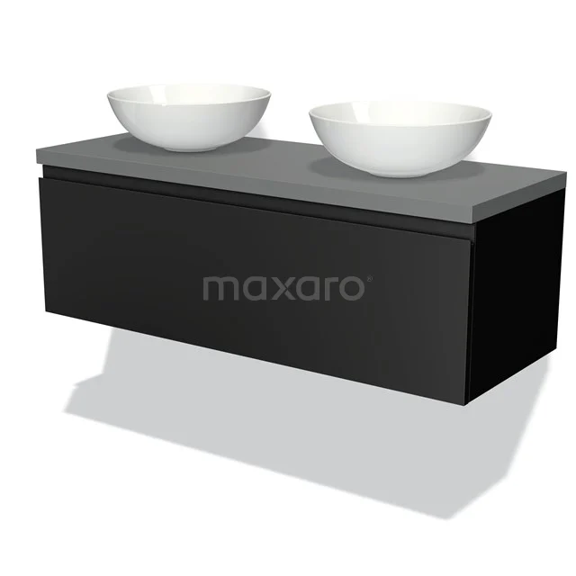 Modulo Plato Vanity units for countertop basin | 120 cm Matte black Handle-less front Mid grey worktop 1 drawer BMK11-00248 Black bathroom unit with vanity units with basin, grey top plate, modern design, ideal for stylish bathroom design.