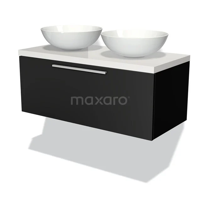 Modulo Plato Vanity units for countertop basin | 120 cm Matte black Flat front High-gloss white worktop 1 drawer BMK11-00249 Black basin base cabinet with two white surface-mounted bowls, modern design, ideal for stylish bathroom design.
