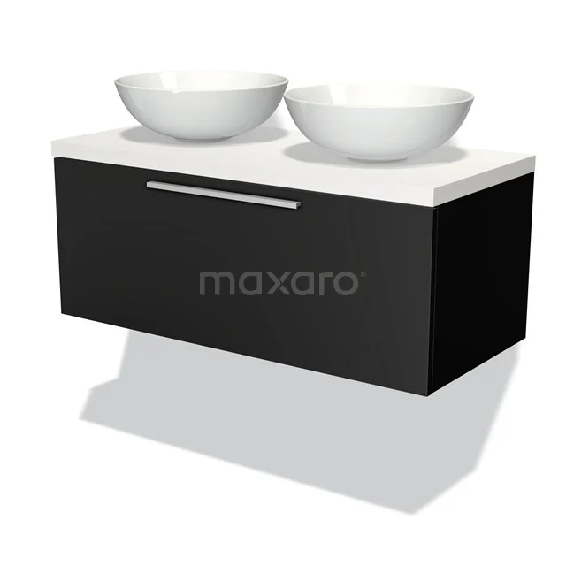 Black bathroom unit with white ceramic countertop basins, modern style and chrome handle.