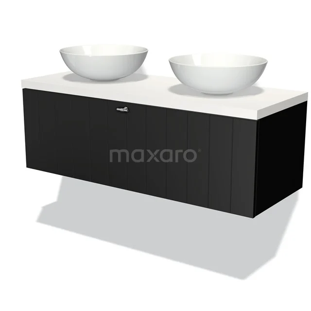Black floating bathroom unit with double white countertop wash basins, modern design and handy storage drawer.