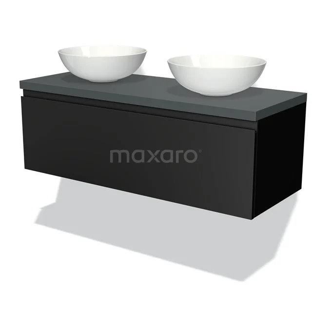 Black bathroom furniture set with matte black basin and two surface-mounted bowls, sleek design, ideal for modern bathrooms.