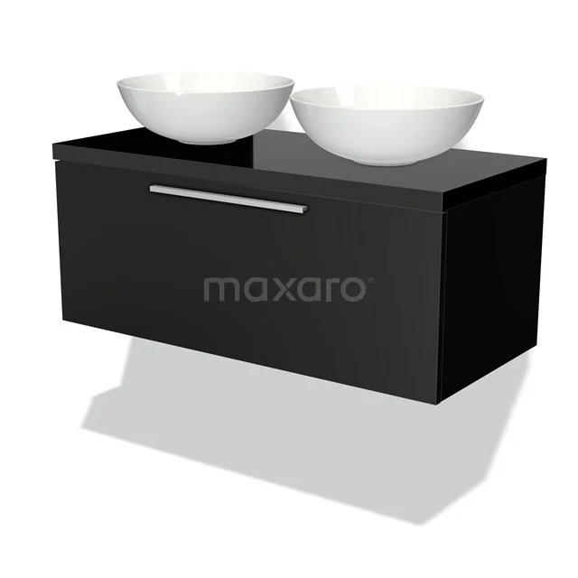 Modulo Plato Vanity units for countertop basin | 120 cm Matte black Flat front High-gloss black worktop 1 drawer BMK11-00258 Black hanging bathroom unit with two white round countertop wash basins and a metal handle, modern design, high-gloss finish.