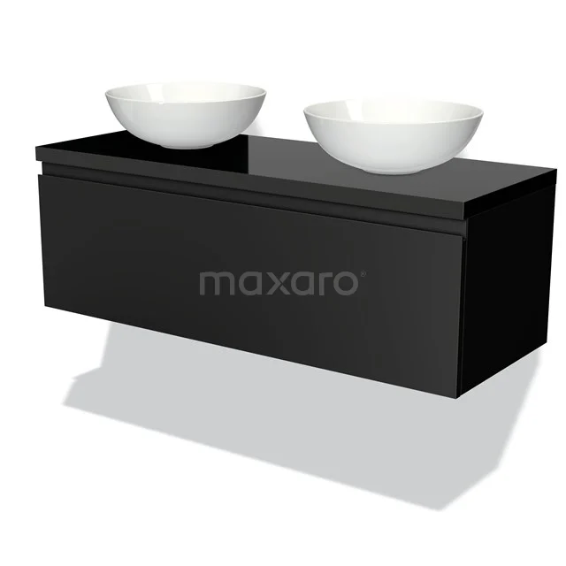 Modulo Plato Vanity units for countertop basin | 120 cm Matte black Handle-less front High-gloss black worktop 1 drawer BMK11-00260 Black bathroom unit with glossy surface, double white vanity units for countertop wash basin and sleek design, ideal for modern bathrooms.