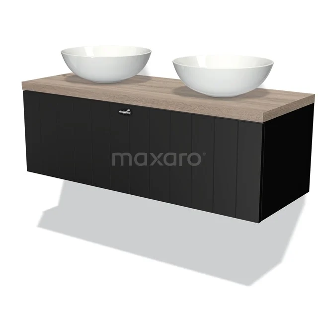 Schwarze Badmöbel mit Holzlook Platte und zwei weißen Waschbecken, modernes Design, perfekt für eine stilvolle Badezimmer Einrichtung.