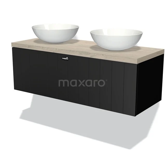 Modulo Plato Vanity units for countertop basin | 120 cm Matte black Slat front Light grey oak worktop 1 drawer BMK11-00265 Black bathroom furniture set with wood-look worktop and two white top washbasins, modern design for luxury bathrooms.