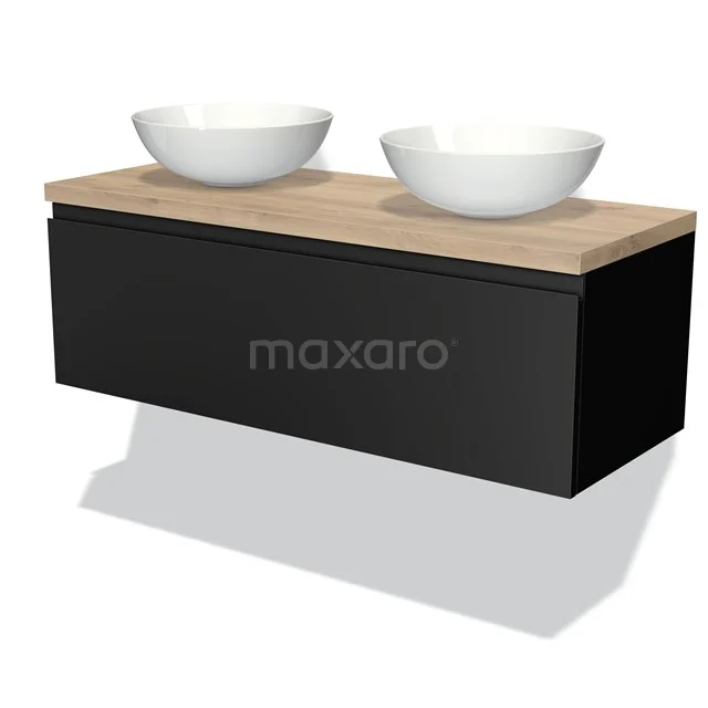 Modern black bathroom furniture set with oak worktop and double white surface-mounted bowls, perfect for stylish bathrooms.