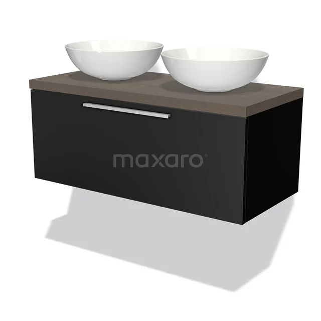 Schwarze Badmöbel mit Holzoptik Platte und zwei weißen Aufsatzwaschbecken, modernes Design für stilvolle Badezimmerinrichtung.