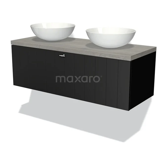 Black floating bathroom furniture set with double white countertop wash basin, wooden worktop and modern design.