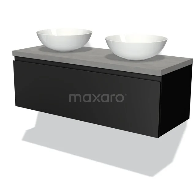 Black wooden bathroom unit with double countertop wash basin and grey composite worktop, stylish design for modern bathrooms.