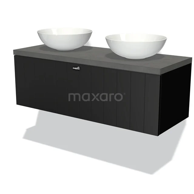 Modulo Plato Vanity units for countertop basin | 120 cm Matte black Slat front Dark grey concrete worktop 1 drawer BMK11-00283 Black suspended bathroom unit with double countertop wash basin, matte finish and modern design for a stylish bathroom interior.