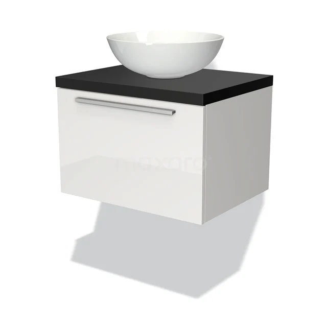 Badmöbel für Waschtischunterschrank mit Konsole 60cm Modulo Plato Hochglanz Weiß 1 Schublade Flach Matt Schwarz Platte BMK11-00441 Kompakte schwebende Badmöbel mit weißer Schublade, schwarzer Platte und rundem Waschbecken, modernes Design passend in jedes Badezimmer.