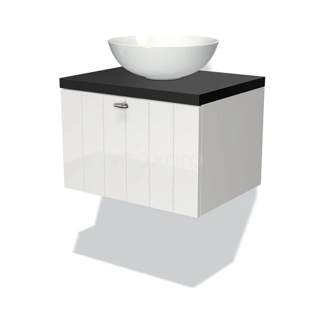 Modulo Plato Vanity units for countertop basin | 60 cm High-gloss white Slat front Matte black worktop 1 drawer BMK11-00442 White suspended bathroom unit with black top, ceramic round basin and single drawer, modern design.