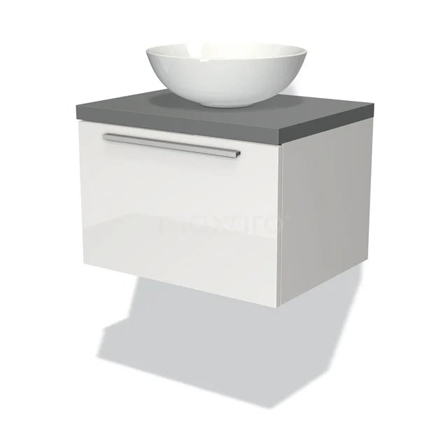 Weißes hängendes Badezimmermöbel mit Schublade, graue Platte und rundes Waschbecken; straff modernes Design für ein stilvolles Badezimmer.