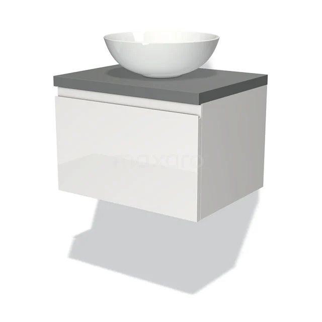 Weiße schwebende Badmöbel mit grauer Platte und runder keramischer Aufsatzwaschbecken, ideal für moderne Badezimmer.