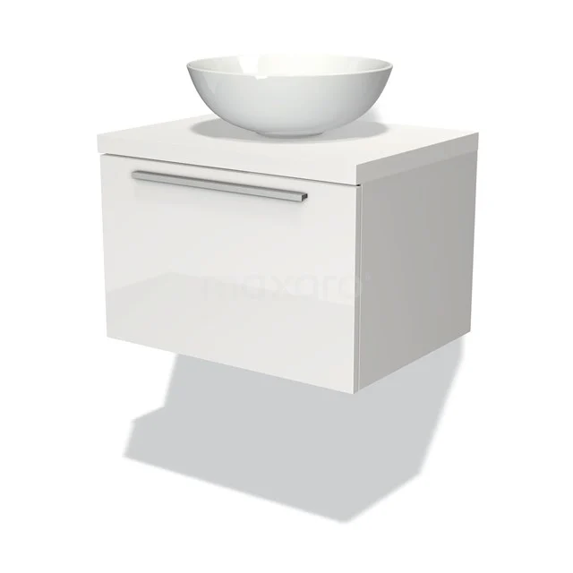 Badmöbel für Waschtischunterschrank mit Konsole 60cm Modulo Plato Hochglanz Weiß 1 Schublade Flach Matt Weiß Platte BMK11-00447 Weißes schwebendes Badmöbel mit glänzendem Schublade und integrierten Waschbecken im modernen Design. Perfekt für kompakte Bäder.