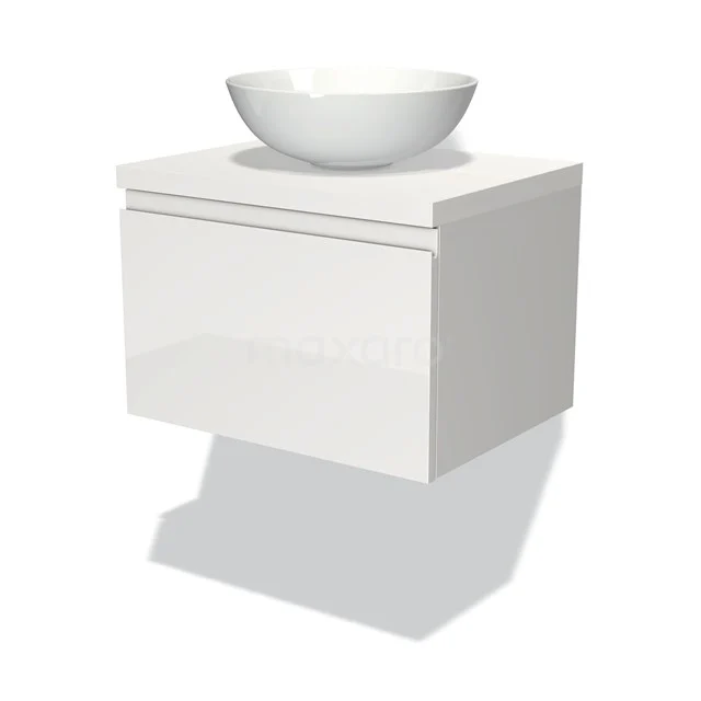 Weißes schwebendes Badezimmermöbel mit Hochglanzoberfläche und runder keramischer Waschbecken obenauf.