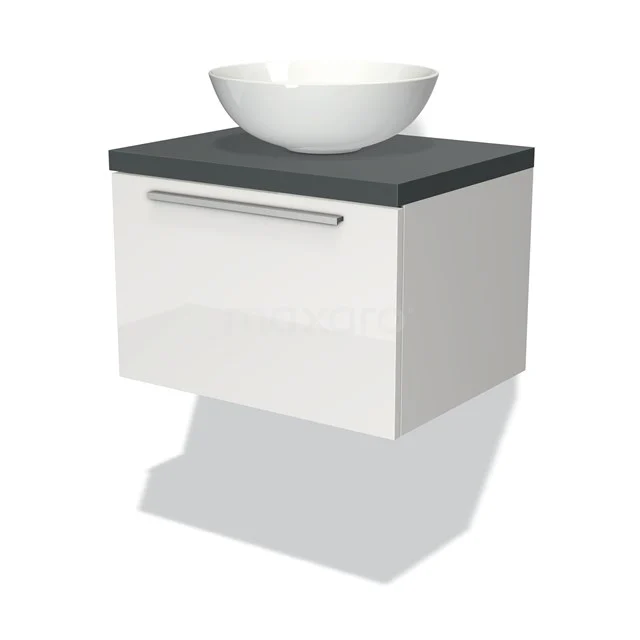 Weißes hängendes Badmöbel mit schwarzer Platte und rundem Waschbecken, modernes Design, geeignet für kompakte Bäder.