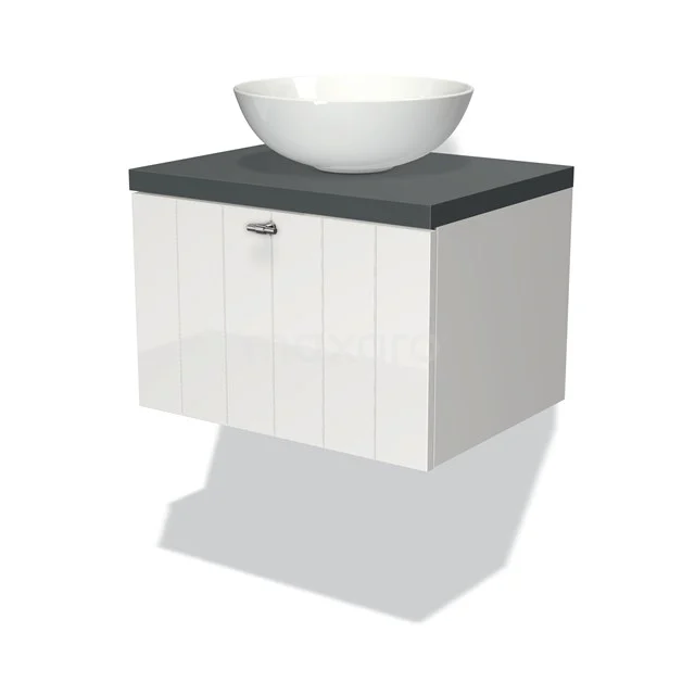 White hanging bathroom unit with grey worktop and oval countertop wash basin, modern design, ideal for stylish bathroom design.