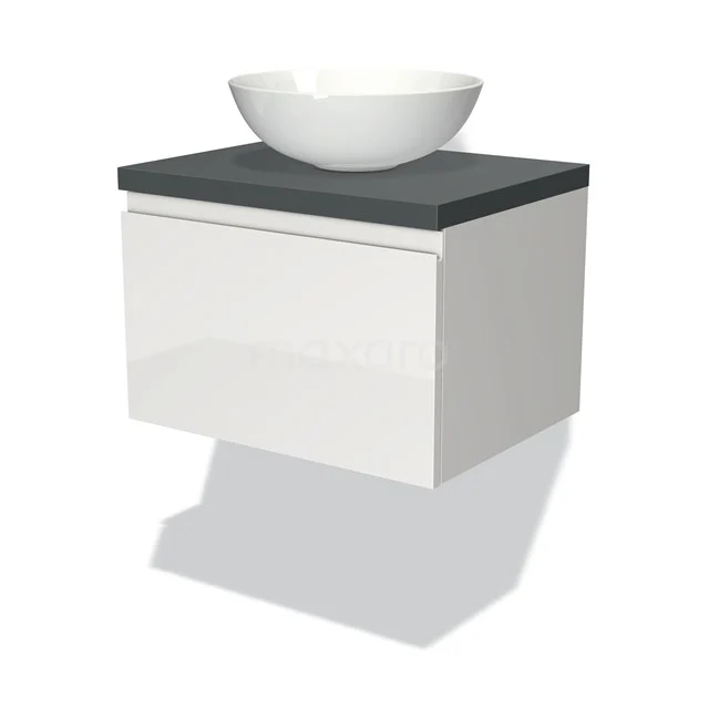 Weißes Badezimmermöbel mit grauer Waschtischplatte und runder weißer Aufsatzwaschbecken, modernes hängendes Design.