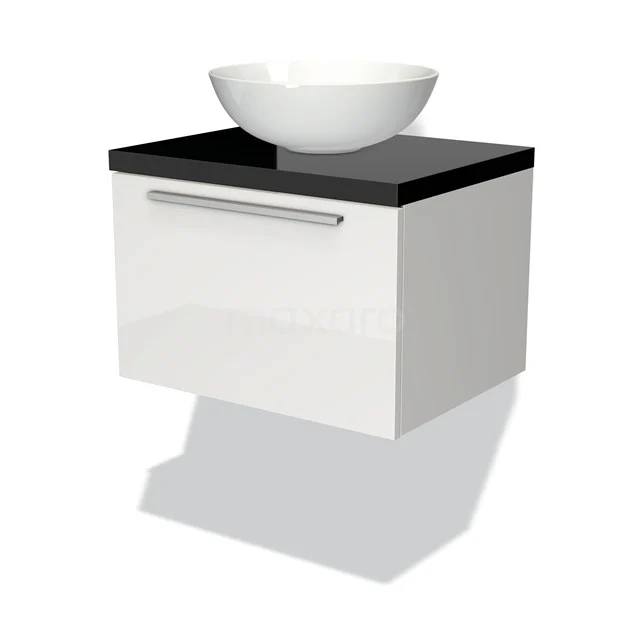 Weißes hängendes Badmöbel mit schwarzer Platte und rundem Waschbecken, modernes Design, ideal für kompakte Bäder.