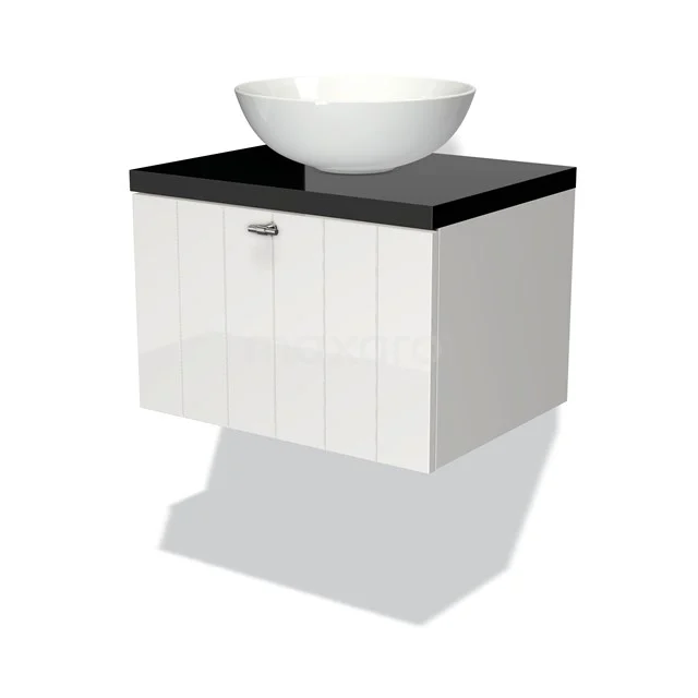 White suspended bathroom unit with black top and round basin, sleek design and modern finish.