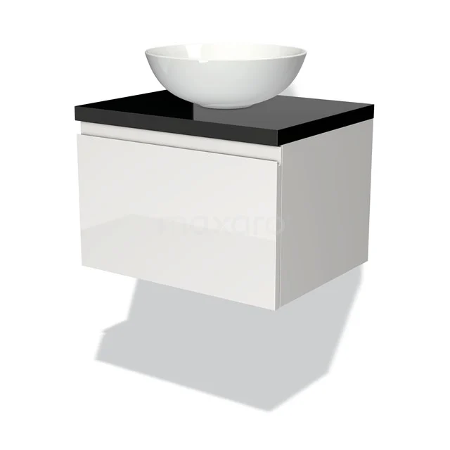 Wandhängendes Badezimmermöbel weiß mit schwarzer Waschtischplatte und runder Schüssel, modernes und kompaktes Design aus Hochglanzmaterial.