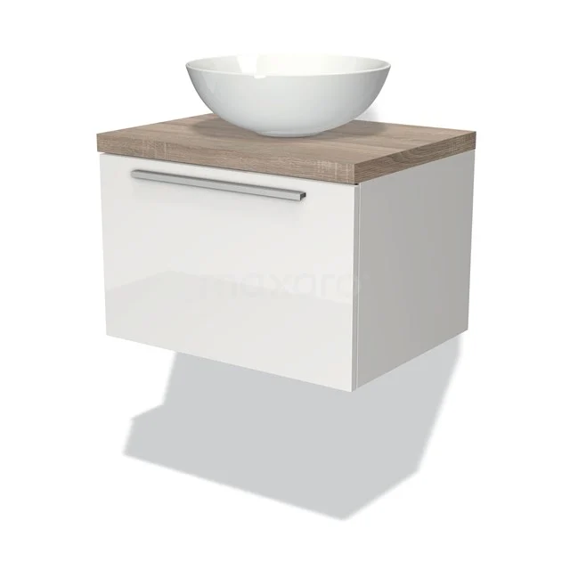 Waschtischunterschrank mit Konsole 60cm Modulo Plato Hochglanz Weiß 1 Schublade Flache Platte aus Eiche BMK11-00456 Weißes hängendes Badezimmermöbel mit Holzoptik Platte und runden Aufsatzwaschbecken, modernes Design und integrierter Haltegriff.