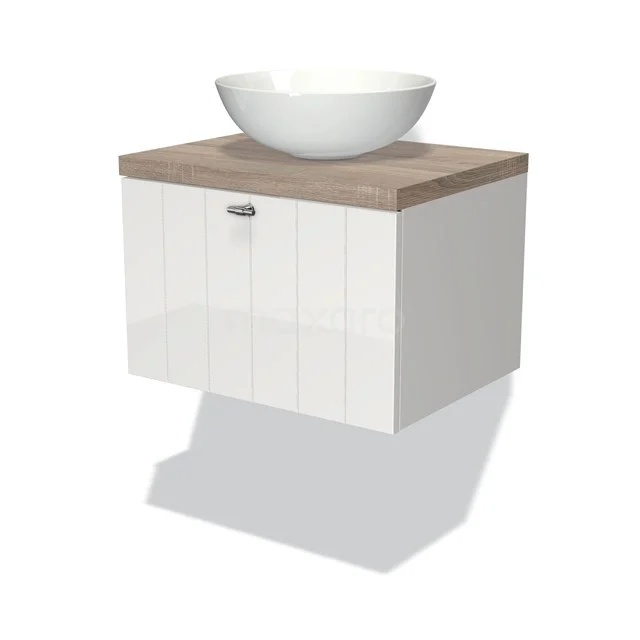 Modulo Plato Badmöbel mit Aufsatzwaschbecken | 60 cm Hochglanz Weiß Lamelle front Eiche blatt 1 Schublade BMK11-00457 Weißes hängendes Badmöbel mit Holzlook Platte und rundem Waschbecken, modernes Design perfekt für kleine Bäder.