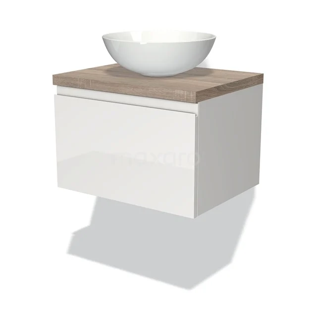 Weißes schwebendes Badmöbel mit Holzlook Platte und rundem Aufsatzwaschbecken, ideal für einen modernen Badezimmerstil.