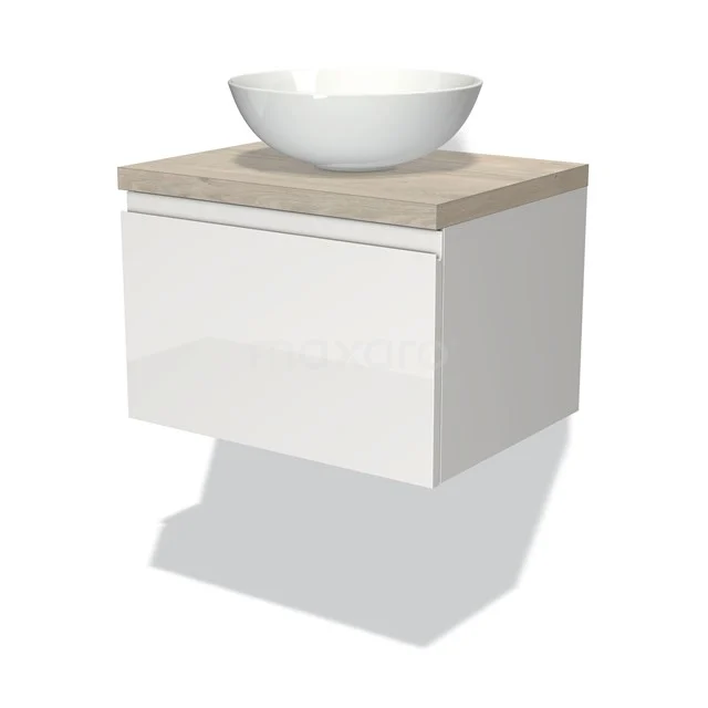 Badmöbel für Aufsatzwaschbecken 60cm Modulo Plato Hochglanz Weiß 1 Schublade Grifflos Hellgraue Eiche Platte BMK11-00461 Weiße schwebende Badschrank mit Holzoptik Platte, runde weiße schalenförmige Waschbecken, modernes Design für stilvolle Bäder.