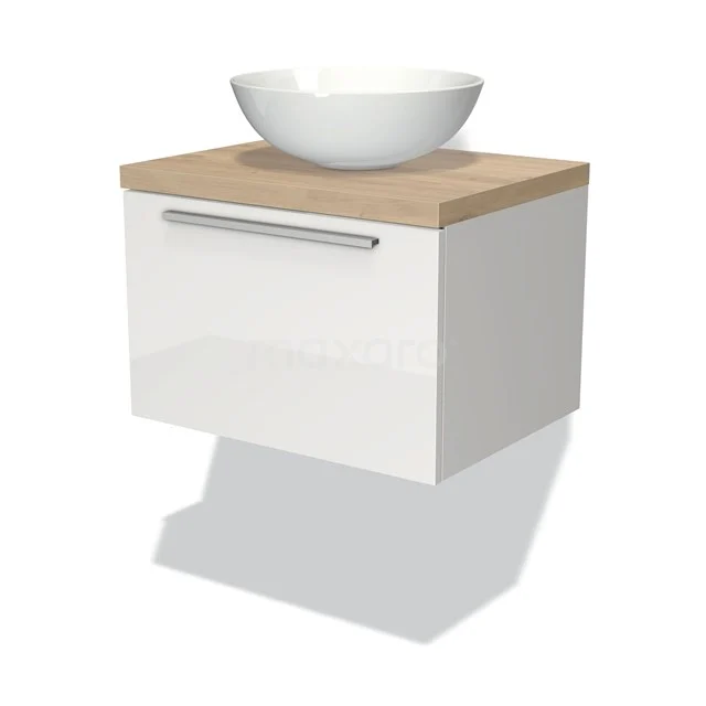 Badmöbel für Waschtischunterschrank mit Konsole 60cm Modulo Plato Hochglanz Weiß 1 Schublade Flach hellbraune Eiche Platte BMK11-00462 Weißes hängendes Badmöbel mit Holzlook Platte und modernem keramischen Waschbecken, stilvolles und kompaktes Design für zeitgemäße Bäder.