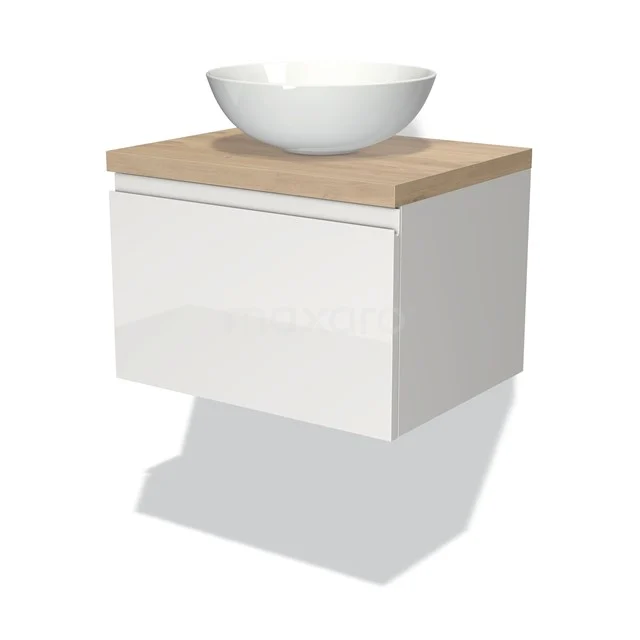 Badmöbel für Aufsatzwaschbecken 60cm Modulo Plato Hochglanz Weiß 1 Schublade Grifflos Hellbraune Eiche Platte BMK11-00464 Weißes hängendes Badmöbel mit Holzlook Platte und rundem Aufsatzwaschbecken, ideal für eine moderne Badezimmer Einrichtung.