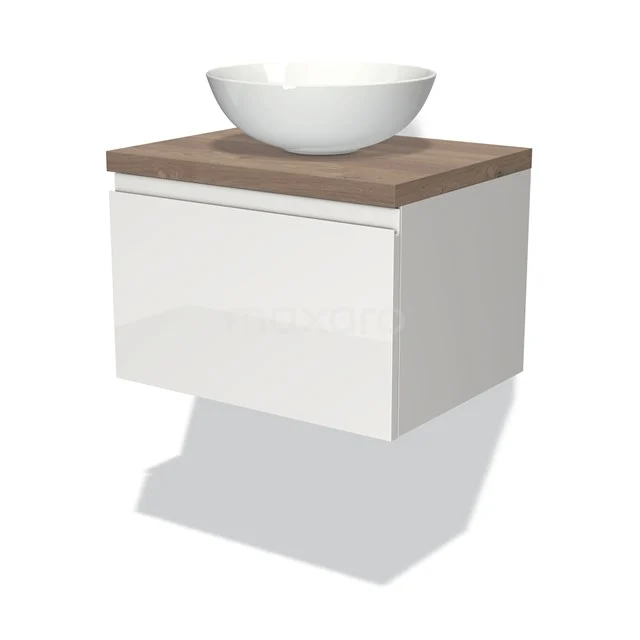 Weißes hängendes Badmöbel mit Schublade, Holzplatte und rundem Waschbecken; modernes Design für ein stilvolles Badezimmer.