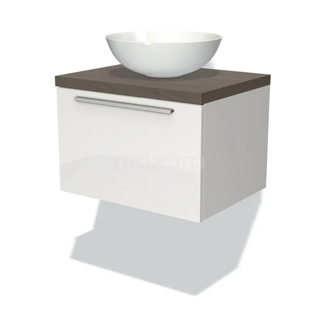 Badmöbel für Waschtischunterschrank mit Konsole 60cm Modulo Plato Hochglanz Weiß 1 Schublade Flach dunkelbraune Eiche Platte BMK11-00468 Wandhängendes Badezimmermöbel, weiß mit Holzlook Platte, keramisches Aufsatzwaschbecken, modernes Design. Perfekt für ein stilvolles Badezimmer.