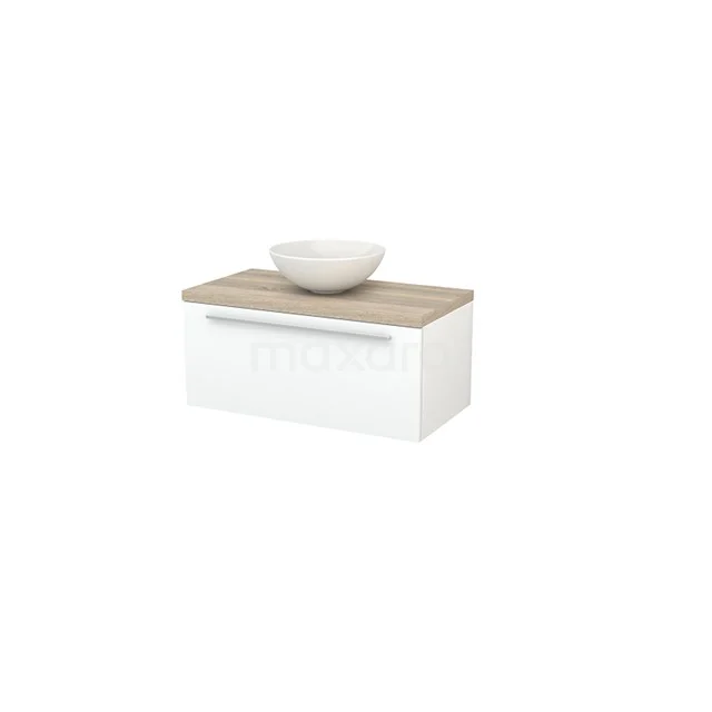 White wooden bathroom unit with oak top and round countertop wash basin, modern design for a stylish bathroom.