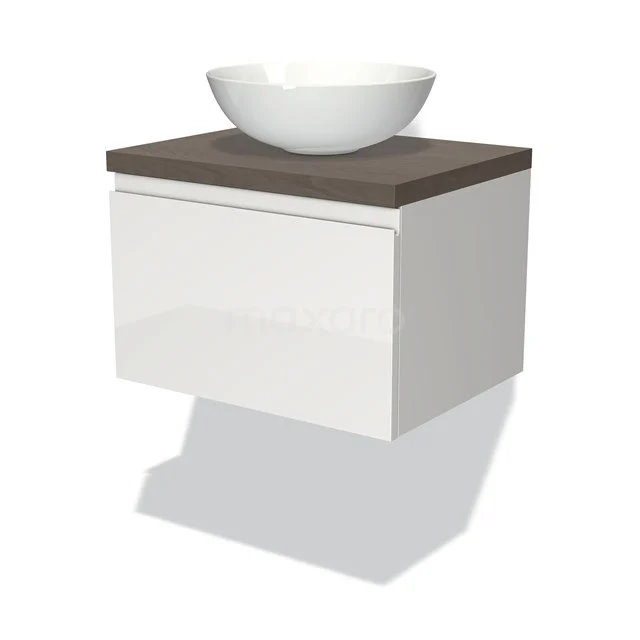 Badmöbel für Aufsatzwaschbecken 60cm Modulo Plato Hochglanz Weiß 1 Schublade grifflos dunkelbraune Eiche Platte BMK11-00470 Weißes hängendes Badezimmermöbel mit Holzplatte und modernem schalenförmigen Waschbecken, ideal für eine stilvolle Badezimmergestaltung.