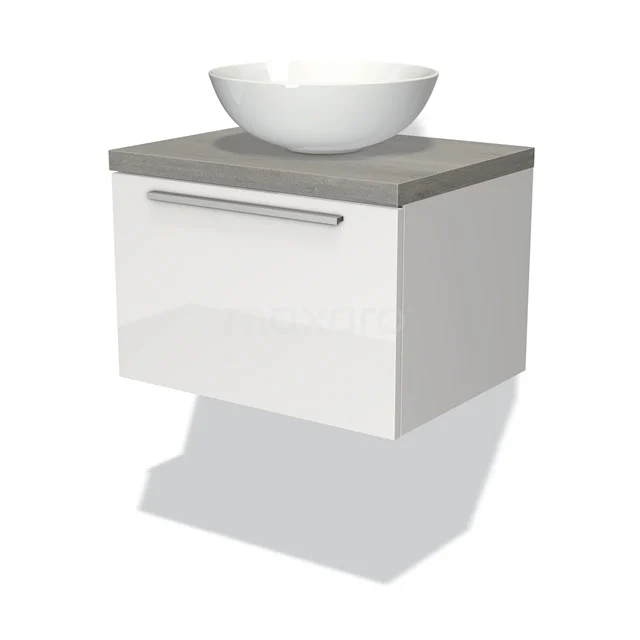 Modulo Plato Vanity units for countertop basin | 60 cm High-gloss white Flat front Grey oak worktop 1 drawer BMK11-00471