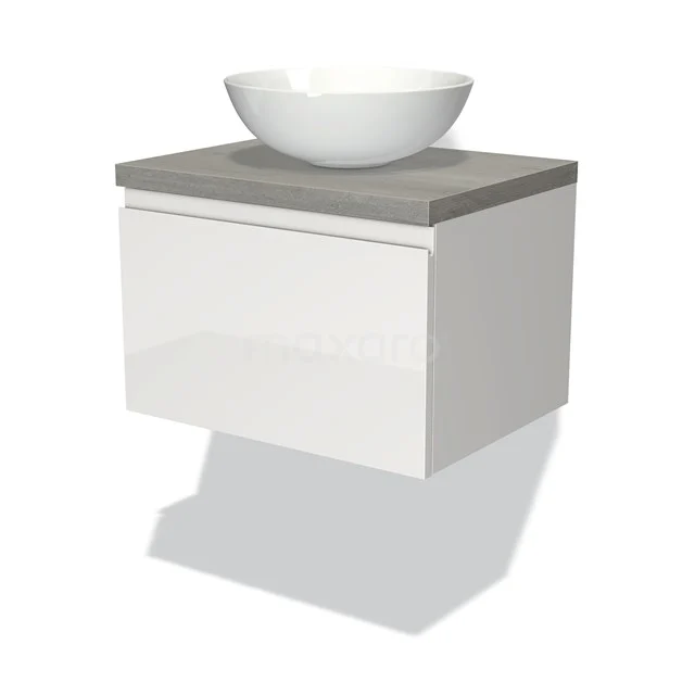 Badmöbel für Aufsatzwaschbecken 60cm Modulo Plato Hochglanz Weiß 1 Schublade Grifflos Graue Eiche Platte BMK11-00473 Weiße schwebende Badschrank mit grauer Platte und rundem Aufsatzwaschbecken, modernes Design aus nachhaltigem Material.