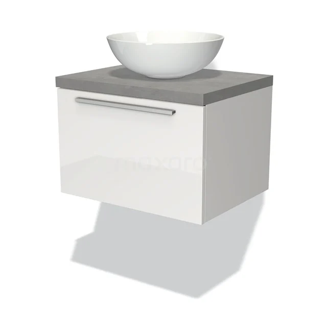 Weißes schwebendes Badezimmermöbel mit grauer Platte und rundem Aufsatzwaschbecken, modernes Design, ideal für eine schlichte Badezimmergestaltung.