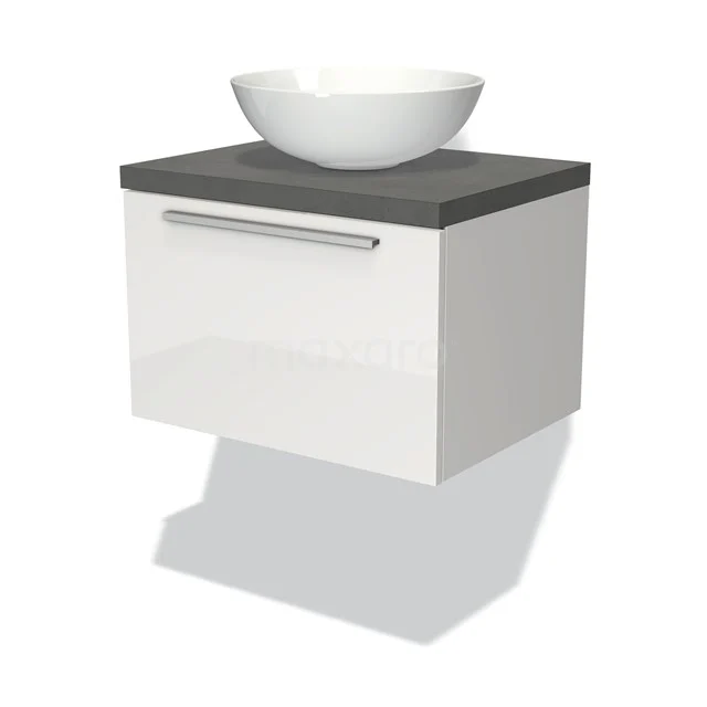 Moderne Badschrank, Hochglanz Weiß, hängendes Design mit grauer Platte und rundem Aufsatzwaschbecken; kompakt und stilvoll für jedes Badezimmer.