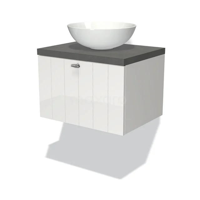 Modulo Plato Vanity units for countertop basin | 60 cm High-gloss white Slat front Dark grey concrete worktop 1 drawer BMK11-00478 White floating bathroom unit with grey worktop and round basin, modern design, ideal for compact spaces.