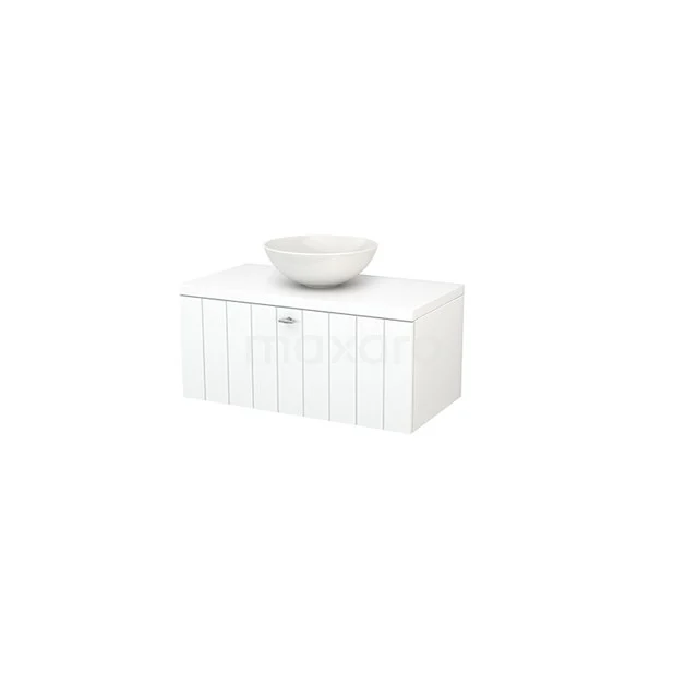 White wooden bathroom unit with surface-mounted vanity units with basin, featuring vertical lines and a modern look.