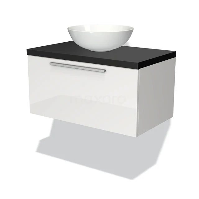 Waschtischunterschrank mit Konsole 80cm Modulo Plato Hochglanz Weiß 1 Schublade Flach Matt Schwarz Platte BMK11-00480 Weißes hängendes Badmöbel mit schwarzer Oberseite, eingebauter Aufbewahrungsschublade und einem runden weißen Waschbecken aus Keramik.