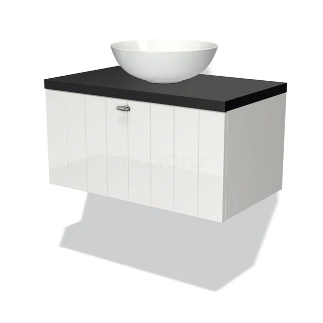 White suspended bathroom unit with black top and round ceramic countertop wash basin, modern design for a stylish bathroom.