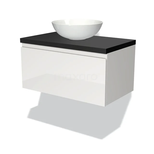 Weißes Badezimmermöbel mit schwarzer Oberfläche und modernem rundem Aufsatzwaschbecken; elegantes Design, ideal für ein stilvolles Badezimmer.