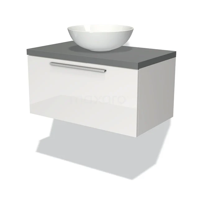 Waschtischunterschrank mit Konsole 80cm Modulo Plato Hochglanz Weiß 1 Schublade Flach Mittelgrau Platte BMK11-00483 Weißes schwebendes Badmöbel mit grauer Platte und rundem keramischen Aufsatzwaschbecken, ideal für einen modernen Badezimmerstil.